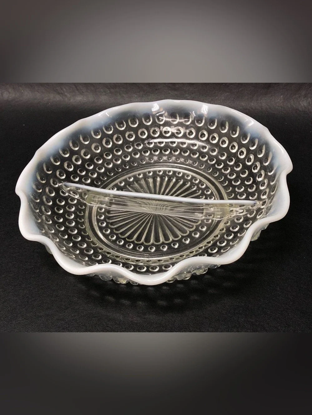 Vtng Anchor Hocking Moonstone Hobnail Opalescent Divided Dish 7 3/4